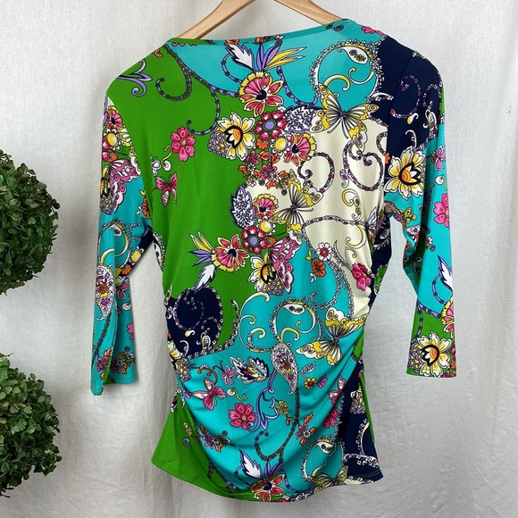 Carmen Marc Valvo Dark Floral Print Half Sleeve Drape Neck Blouse top M - Picture 3 of 8